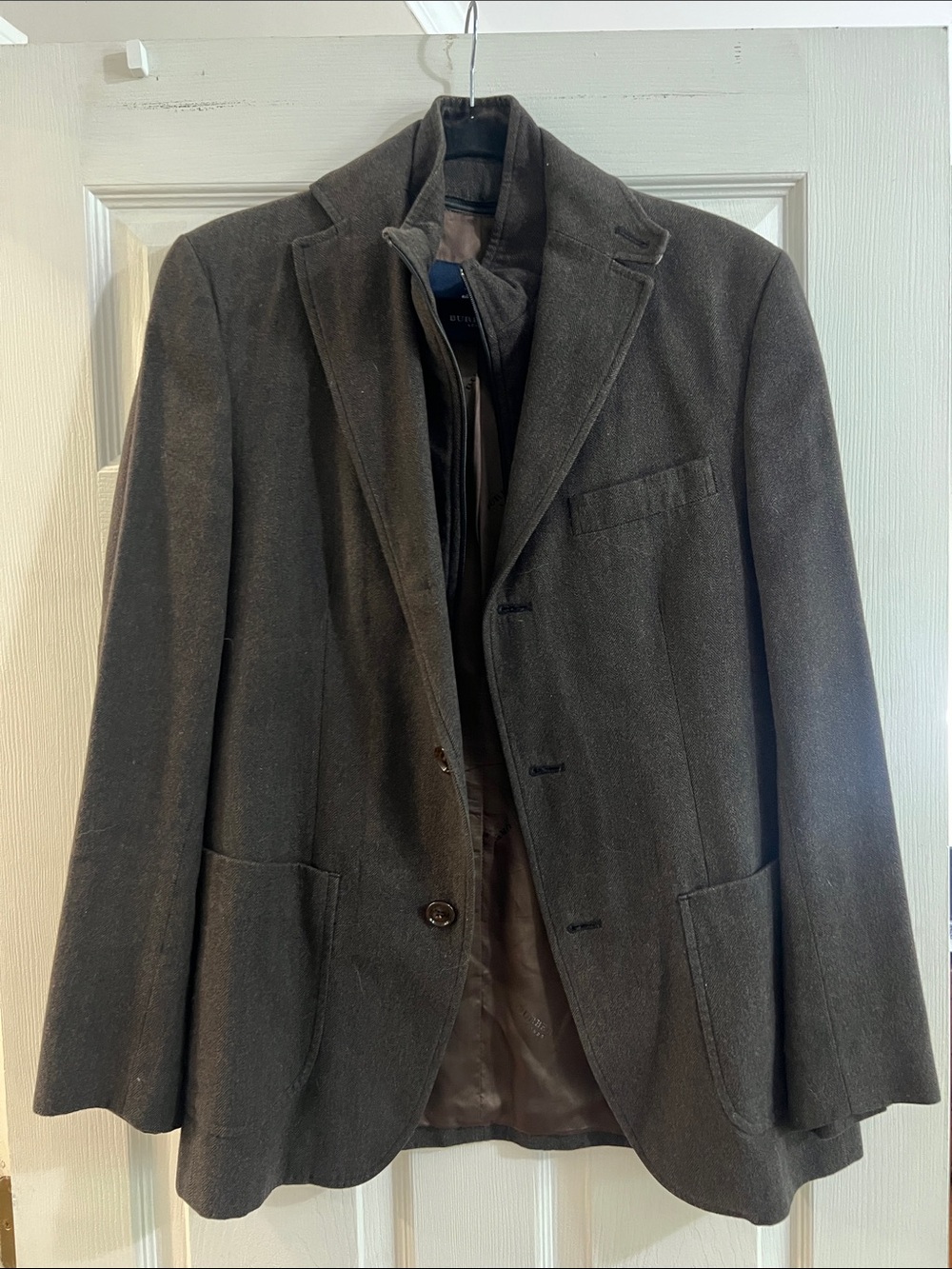 Burberry Men's Brown Wool-Blend Cotton Jacket with removable Gilet bib vest